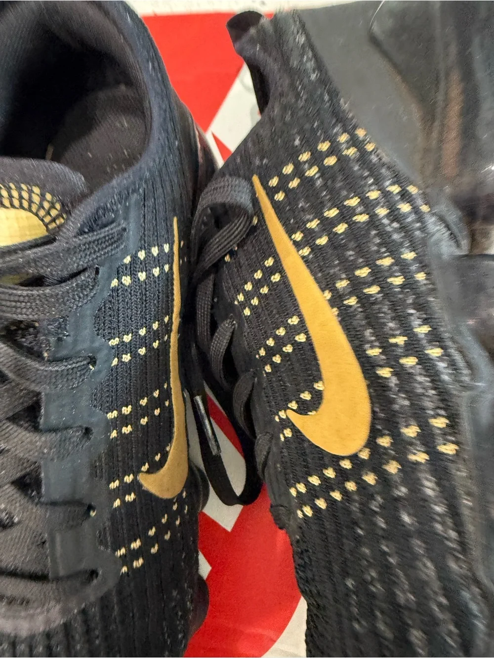 Women’s Sz 7 Nike Black Knit Shoes with Gold Swoosh